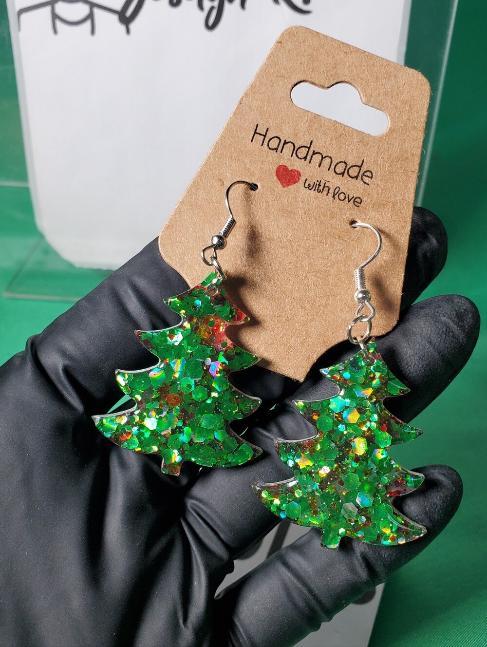 Sparkly Green Confetti Christmas Tree Dangle Resin Earrings